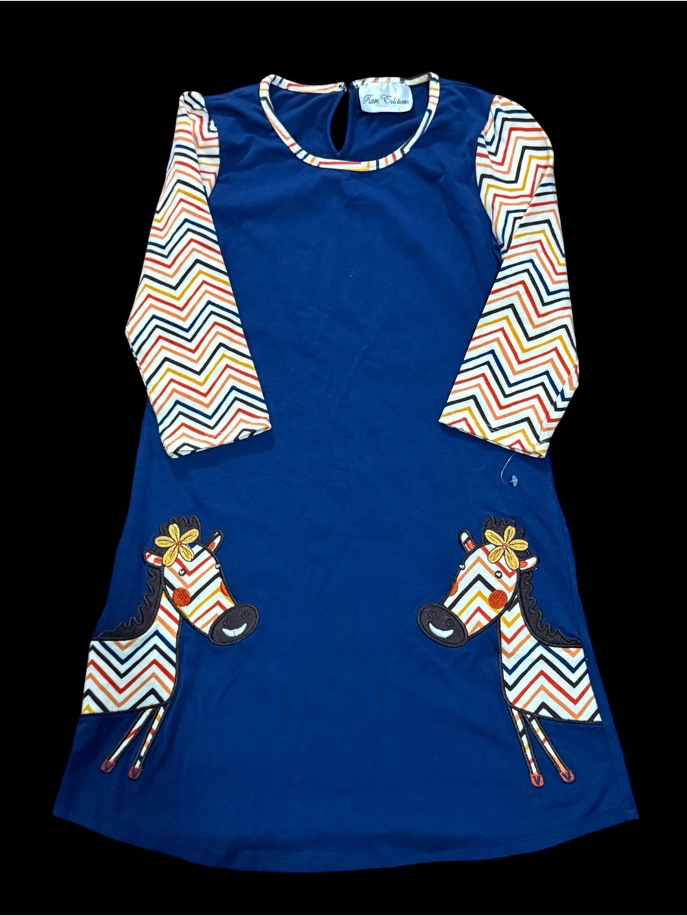 Rare Editions Blue Knit Dress with Chevron Sleeves and Zebra Appliqués